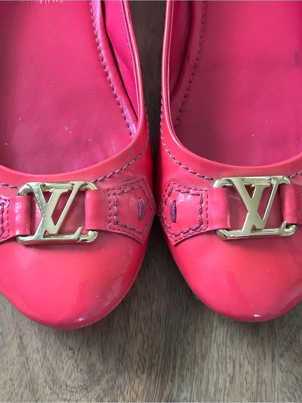 Louis Vuitton Hot Pink Patent Ballet Flats with Gold LV Accent